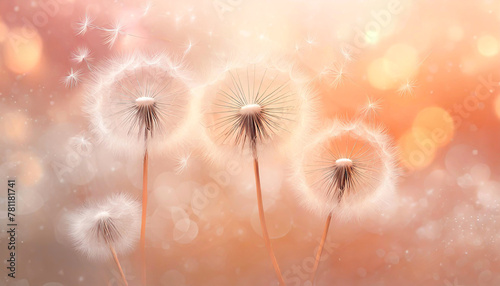 Dandelions blowing in the wind  peach fuzz toned  light leaks  soft bokeh  selective focus  dreamy summer visual