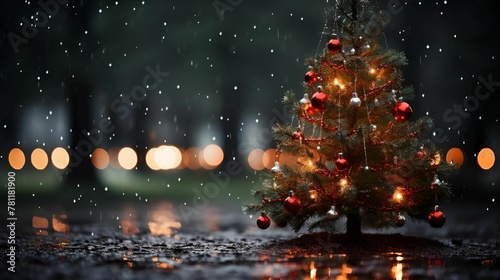 a small christmas tree in the rain with red ornaments hanging on it © Wirestock
