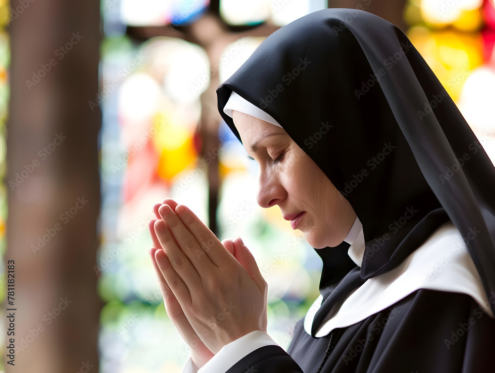 Portrait of a senior caucasian nun in black habit praying in the church