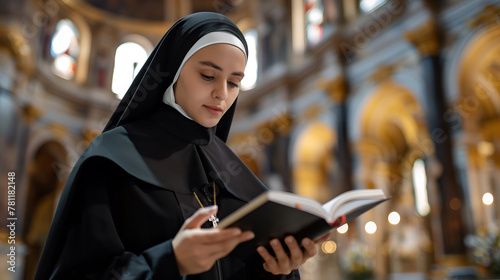 Portrait of Caucasian nun reading bible book in the church photo
