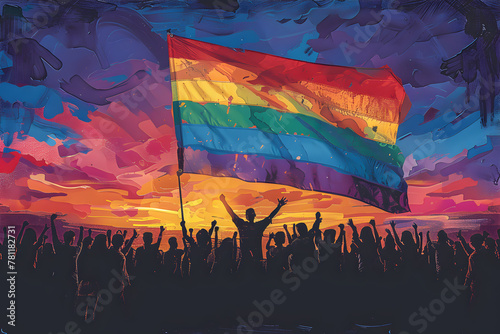 Artistic illustration of silhouette of pride parade people and rainbow flag. LGBTQ pride.