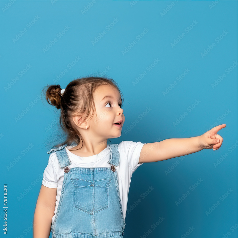 Little girl points her finger to the side on a blue background
Little girl points her finger to the side on a blue background