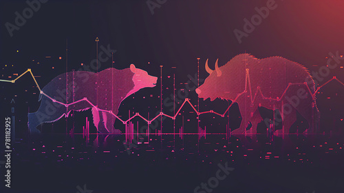 A bear standing on a descending graph line, looking down, while a bull stands on an ascending line, charging upwards, symbolizing market dynamics photo