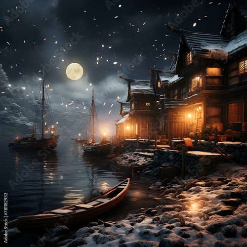 AI generated illustration of a scenic view of a tranquil lake with the full moon in a night sky