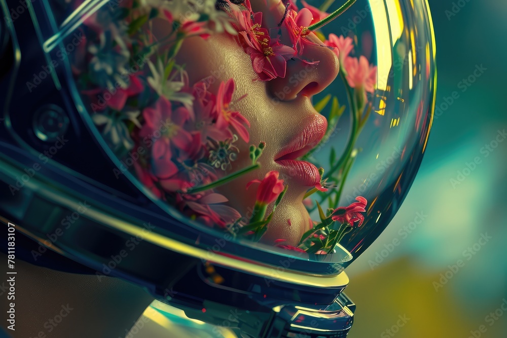 Floral Cosmos: Astronaut in Tranquil Space - obrazy, fototapety, plakaty 