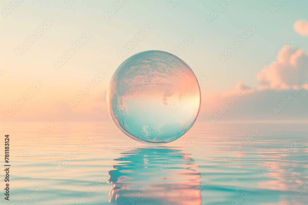 A colourful bubble suspended above a calm water surface, Orb-shaped water drops suspended in the air, calm water, calm atmosphere