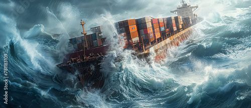 A cargo ship tilting dangerously to one side, containers slipping into the ocean as waves crash over the deck photo
