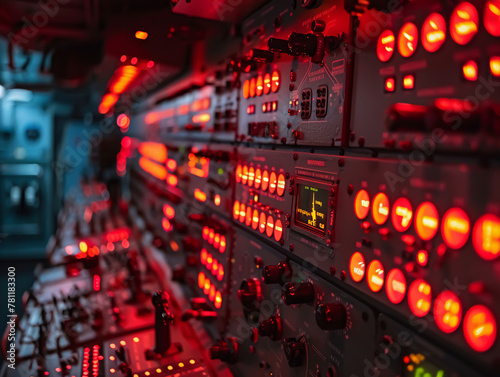 A detailed closeup of a submarines control room during a drill, crew members focused on their precise tasks photo