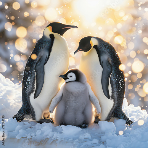 A dozing penguin chick  flanked by its parents  snuggled on a snowy mound in the soft glow of the winter sun