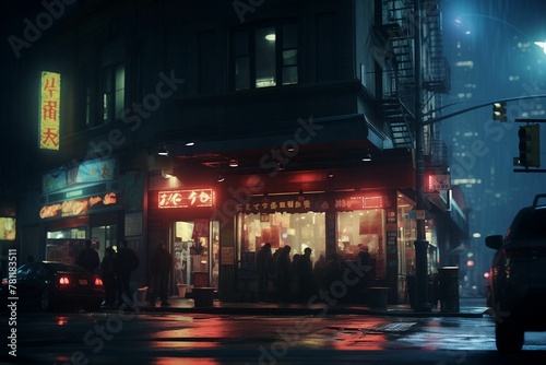 people walk outside a cafe at night in a street with neon lights