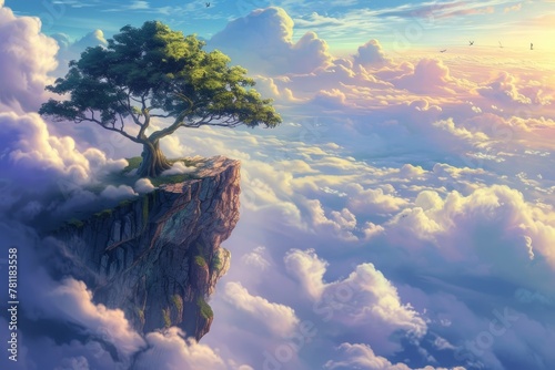 Dreamy Anime Landscape: Tree and Clouds