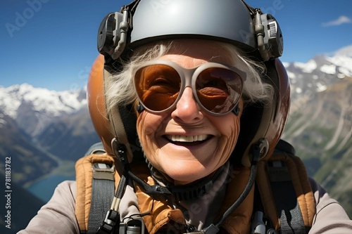 AI illustration of an old woman wearing a helmet and sunglasses in a mountain area.