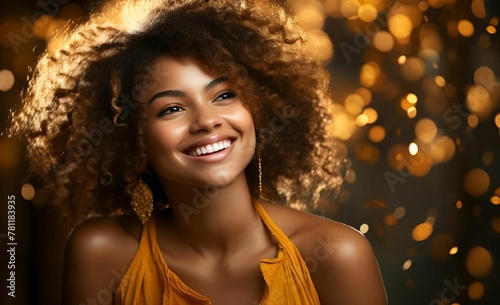 a beautiful young woman is smiling in front of gold lights photo