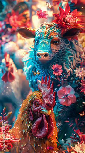 A neonlit scene with a bear, bull, and rooster in dynamic poses, showcasing their natural energy