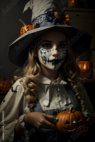 Scary evil witch girl in a dark room halloween day with pumpkis and candles night photo