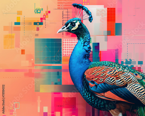 A peacock showcasing the latest fashion industry trends, with colorful charts and images of runway shows filling the screen behind