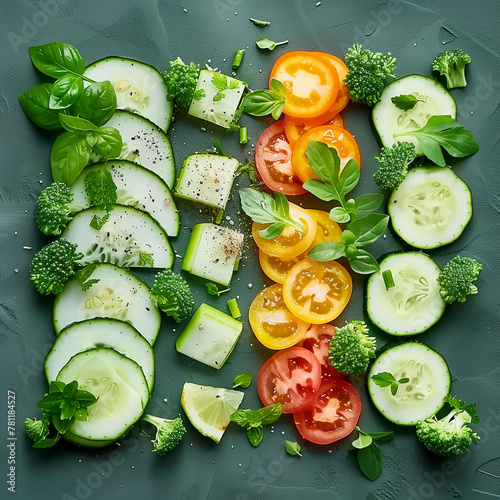 Slices vegetables salad ingredients flat lay, top view. Healthy and clean food