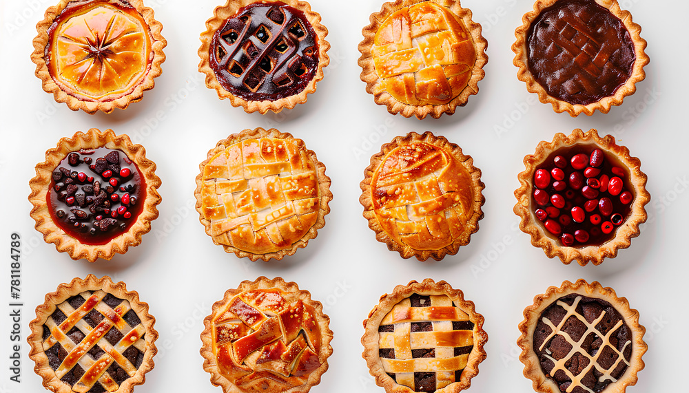 Set of different tasty pies on white background, top view