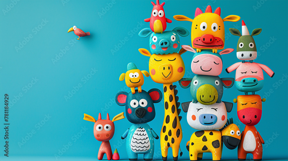 A stack of farm animals, each in a different vivid color, portrayed in a whimsical, cartoonish style A stack of farm animals, each in a different vivid color, portrayed in a whimsical, cartoonish style