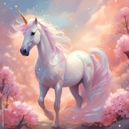 AI generated illustration of a majestic white unicorn running through a field of lush green grass