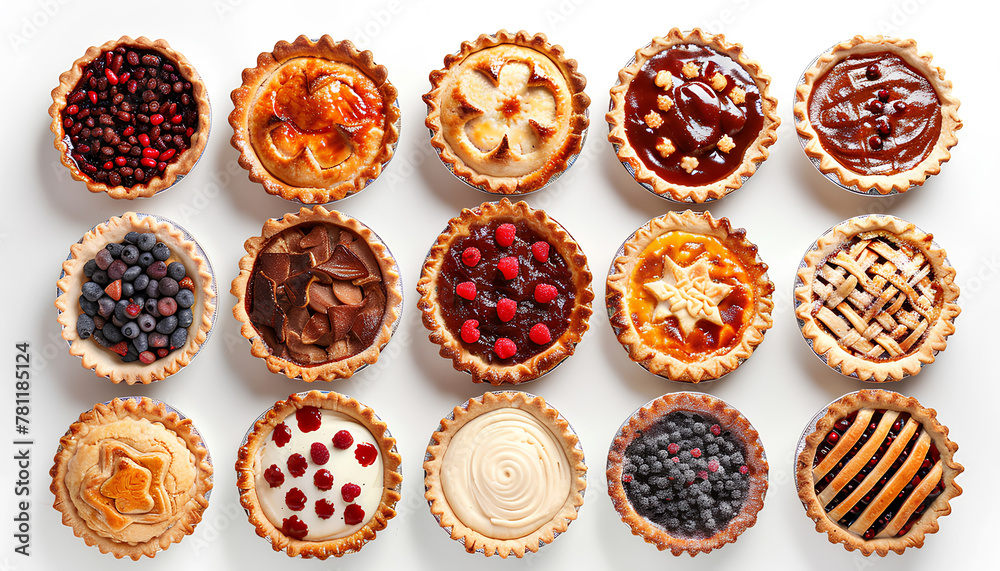 Set of different tasty pies on white background, top view Set of different tasty pies on white background, top view