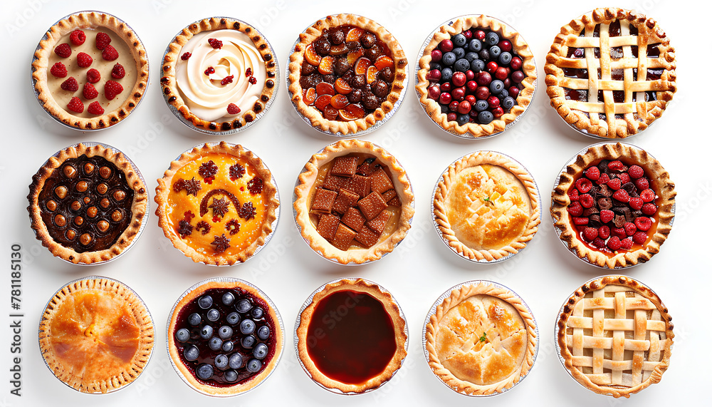 Set of different tasty pies on white background, top view Set of different tasty pies on white background, top view