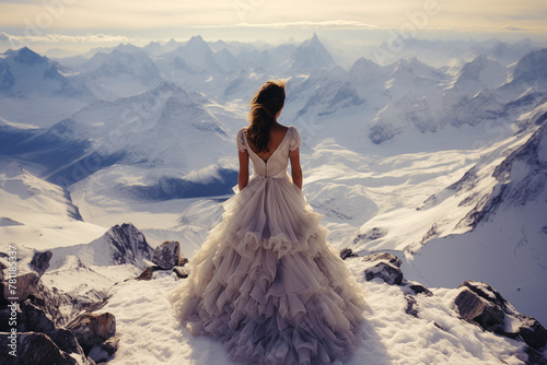 AI generated illustration of a bride wearing a white wedding gown on a mountaintop