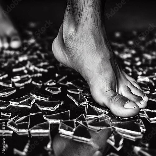 AI-generated illustration of a man's bare foot standing on top of a bed of broken glass pieces photo