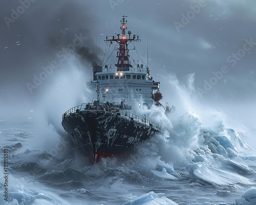 An icebreaker ship pushing through a freezing gale, ice and snow whipping across its bow in a subarctic storm photo