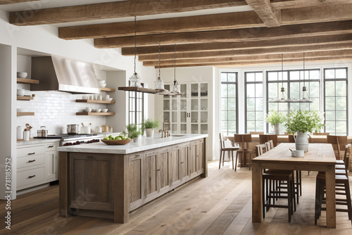 A contemporary kitchen with light wood flooring, white cabinetry, and wooden ceiling beams