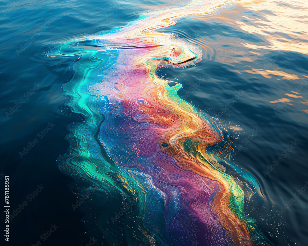 Oil spill spreading across the ocean surface, the slick reflecting a rainbow sheen, with affected wildlife struggling on the fringes