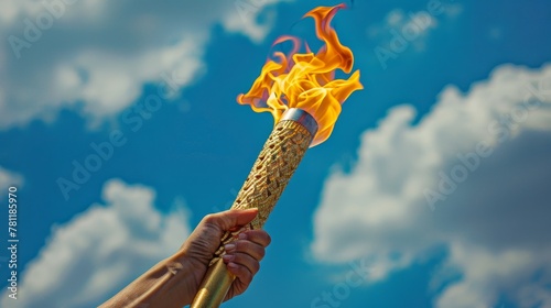 A woman's muscular arm holds a torch with the Olympic flame, a blue sky background with clouds.