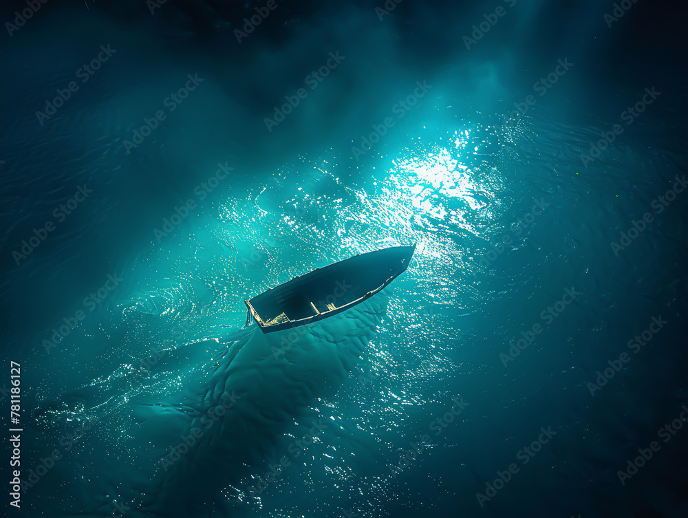 The dark outline of a boat drifting through a glowing sea, surrounded by light created by bioluminescent algae The dark outline of a boat drifting through a glowing sea, surrounded by light created by bioluminescent algae