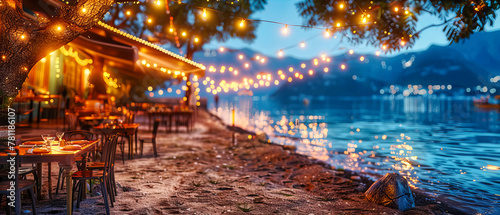 Festive Outdoor Party Lights, Summer Night Celebration, Beachside Event, Warm and Inviting Atmosphere, Vintage Decoration