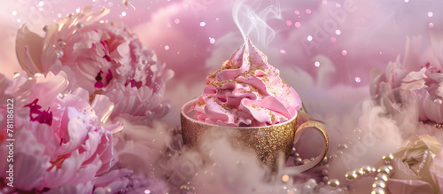 pink hot chocolate with pink whipped cream in white cup, golden glitter and pearls around, pink peonies, pink background, smoke coming out of the top of mug,