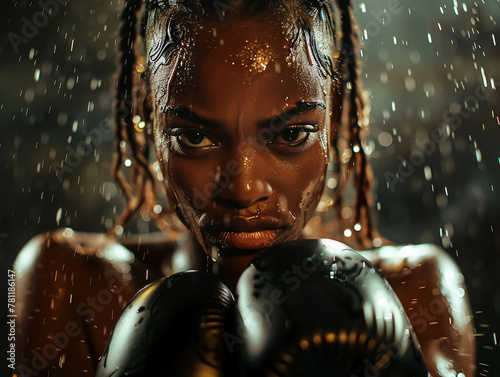 The intensity of a female boxer, gloves up in defense, muscles taut, in the gloom of a dimly lit ring