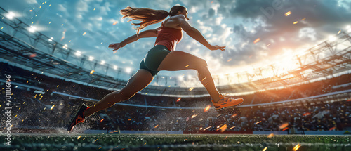 The powerful leap of a female track athlete midhurdle, muscles defined, with a shadowed stadium atmosphere behind her