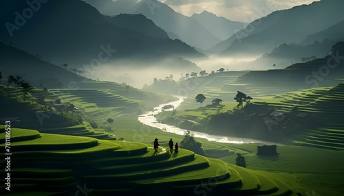 AI generated illustration of people walking across the terraced landscape with picturesque mountains photo