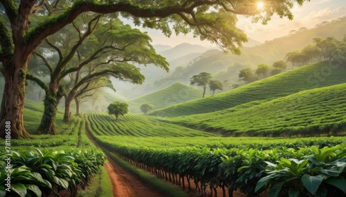 A serene photo of sunlight filtering through large trees onto a verdant tea plantation  creating a pattern of light and shadow.. AI Generation