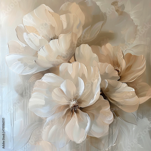 Abstract acrylic painting of flowers. Vintage illustration with white flowers on a light brown background.