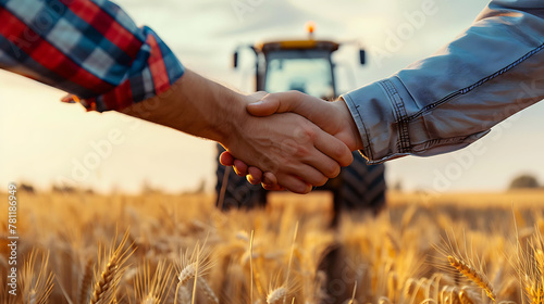 Men farmers shake hands in wheat field with tractor"