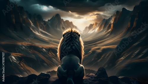 AI generated illustration of a lion perched confidently on the precipice of a towering cliff photo