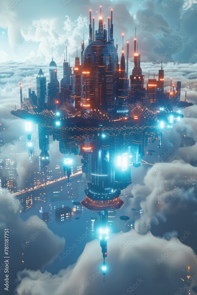 Obraz premium A metaverse city on clouds built on blockchain technology 