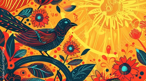Sinhala New Year Erythrina Fusca Flowers with black Asian koel bird and a sun, flat illustration, riso style © World of AI