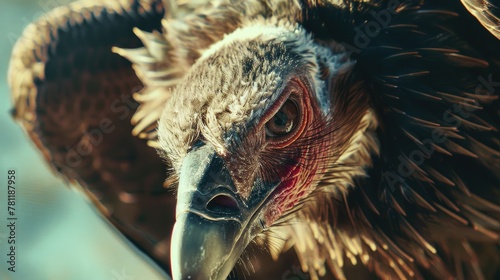 Intense close-up of a vulture's head, showcasing detailed plumage and fierce gaze
