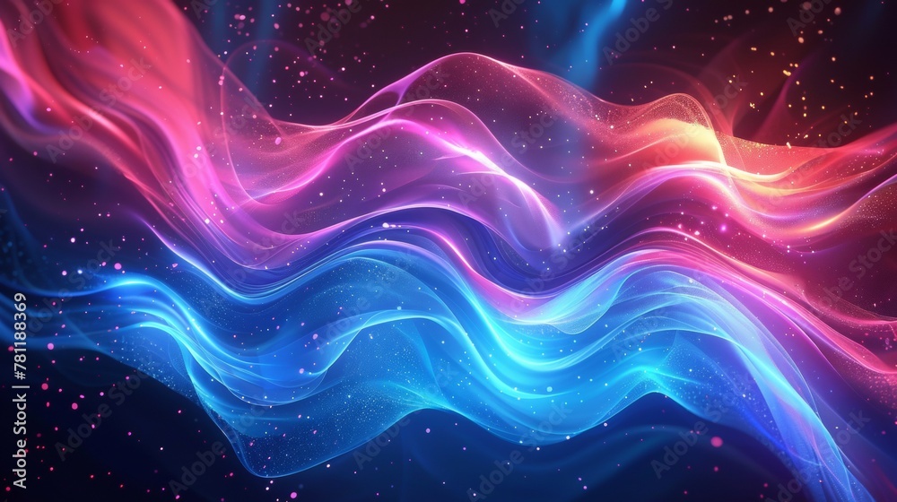 An abstract portrayal of waves in blue and pink hues with a sparkling effect that simulates a magical underwater scene. An abstract portrayal of waves in blue and pink hues with a sparkling effect that simulates a magical underwater scene.
