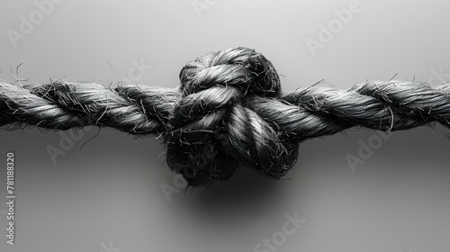 Black rope with knot isolated on white background with shadow. Black thick string with rope in the middle. Shoe lace string photo