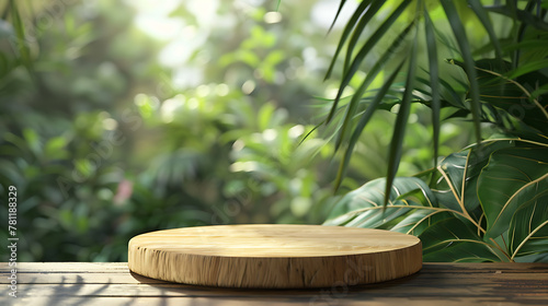 Wooden podium on wooden table in front of tropical plant. 