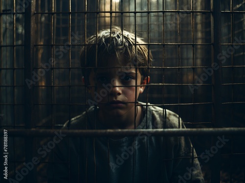 AI generated illustration of a young boy behind jail cell bars looking directly at the camera