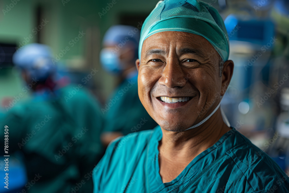 Portrait of cheerful surgeon in blue scrubs and surgical cap standing in operating room with medical equipment and operating lights in background Portrait of cheerful surgeon in blue scrubs and surgical cap standing in operating room with medical equipment and operating lights in background